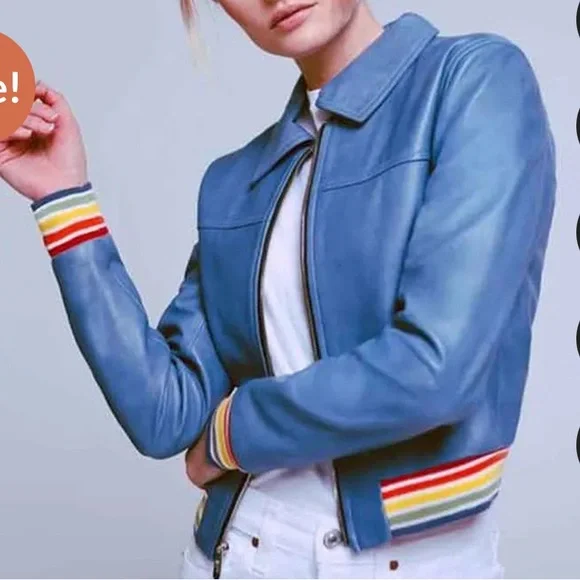*RARE NWOT Hand Crafted The Mighty Company Blue Ribbed Leather Bomber Jacket XS